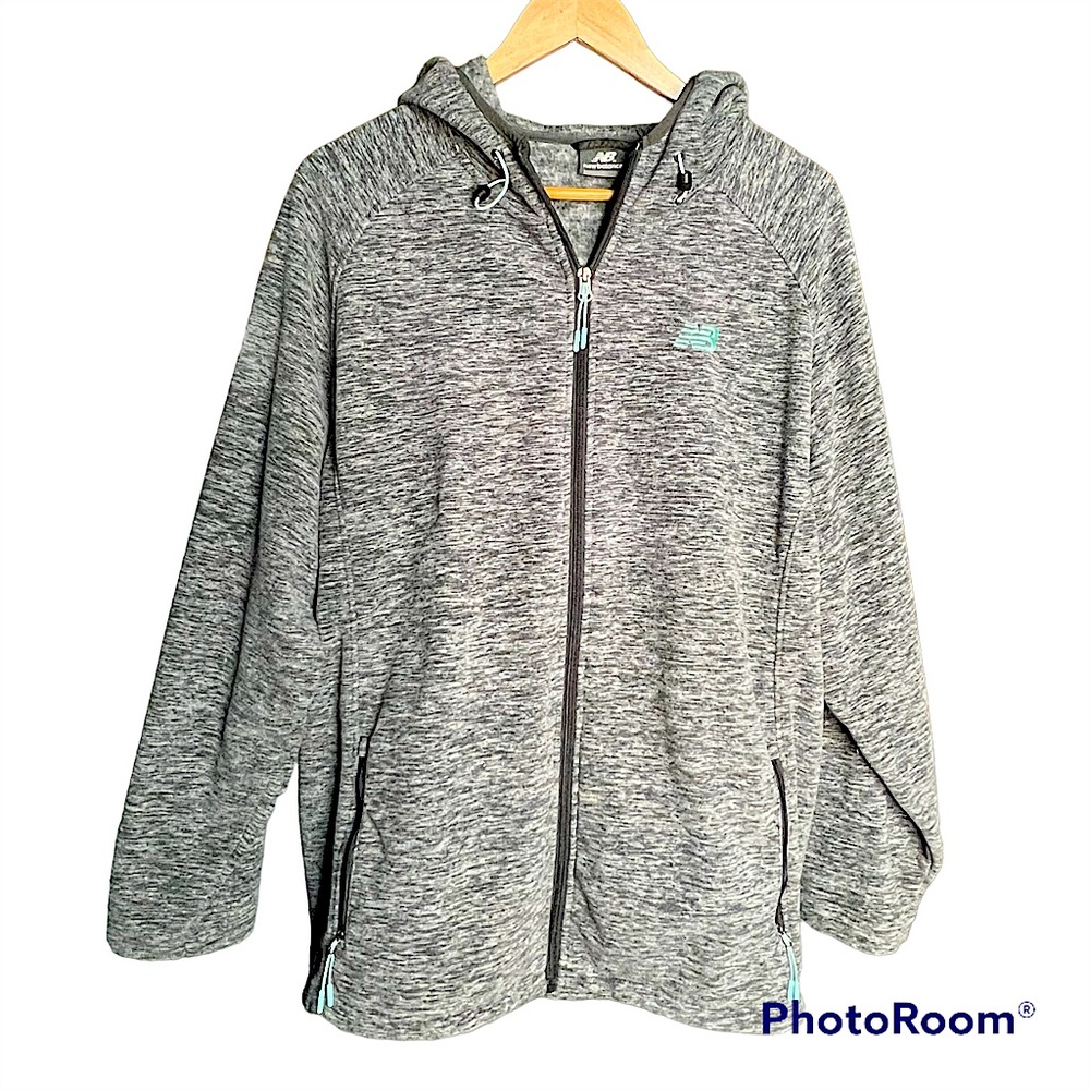 New Balance full zip hoodie dark heather gray aqua zip pulls cinch hood hem 2x